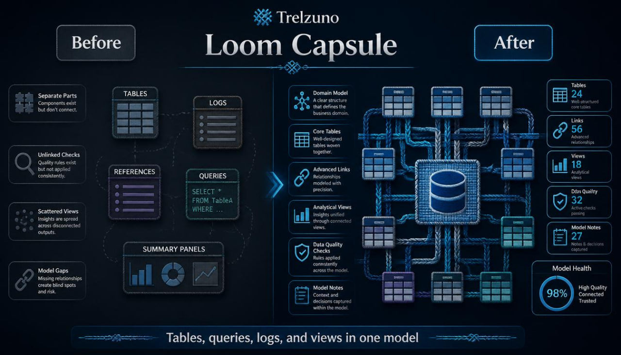 Diagram comparing 'Before' and 'After' of Trelzuno Loom Capsule system