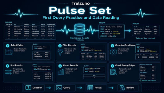 Trelzuno Pulse Set diagram with query practice and data reading features on a dark background
