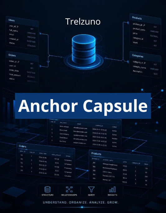 Trelzuno Anchor Capsule software interface with database and data management elements on a dark background.