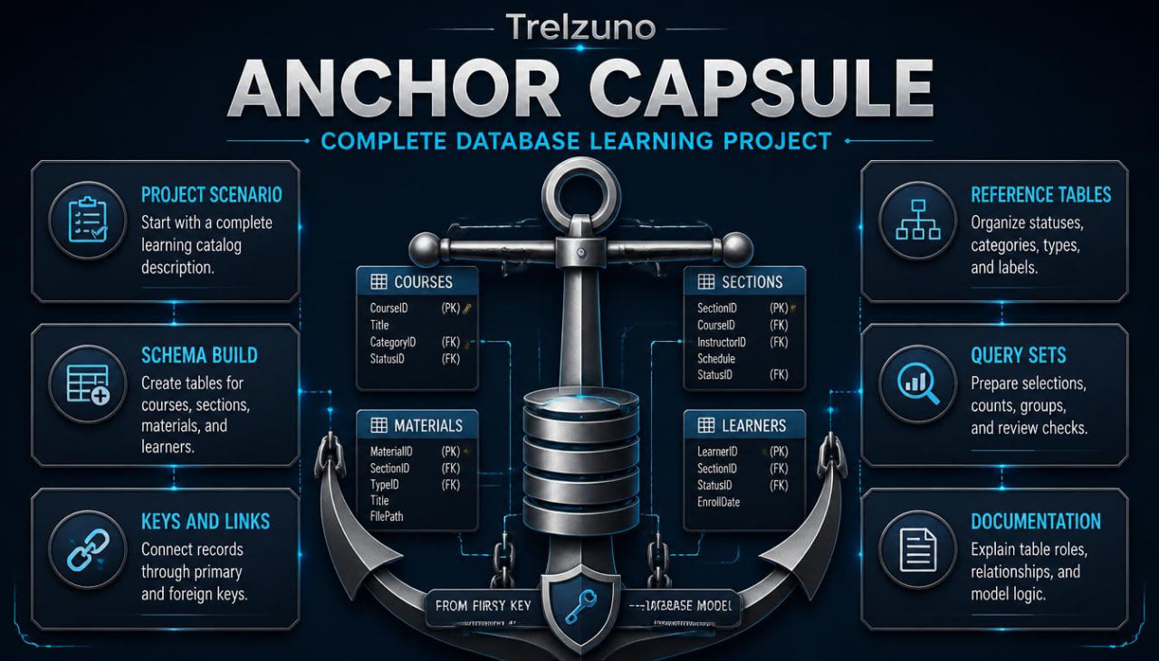 Trelzuno Anchor Capsule database learning project diagram on a dark background