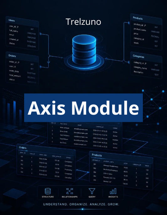 Trelzuno Axis Module with database and network interface design on a dark background