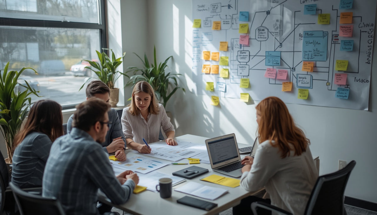 Group of people working together in a modern office setting with whiteboard and sticky notes.