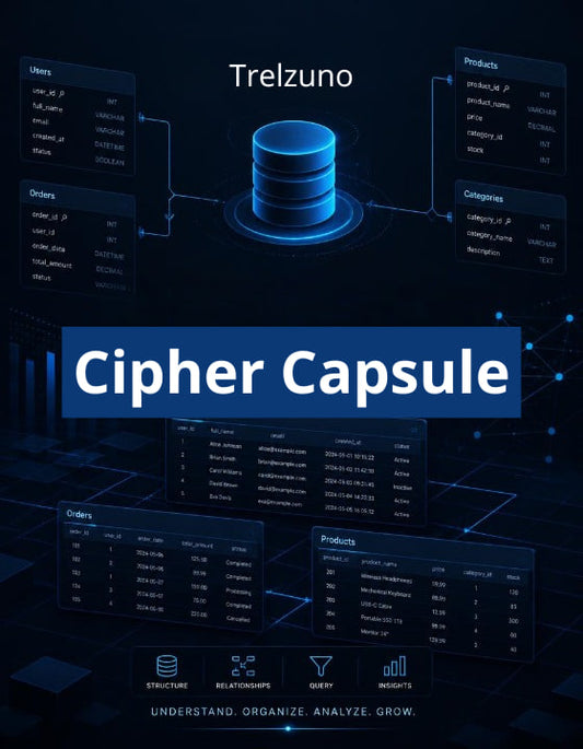 Trelzuno Cipher Capsule software interface with database and data management elements on a dark background.