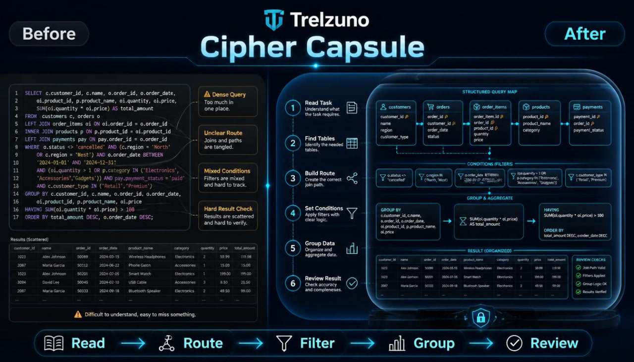 Before and after comparison of Trelzuno Cipher Capsule interface design.