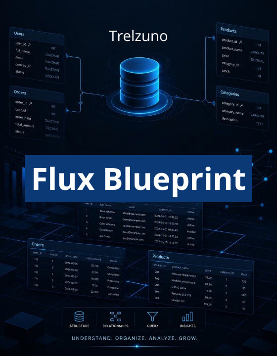 Trelzuno Flux Blueprint with database and data flow diagram on a dark background