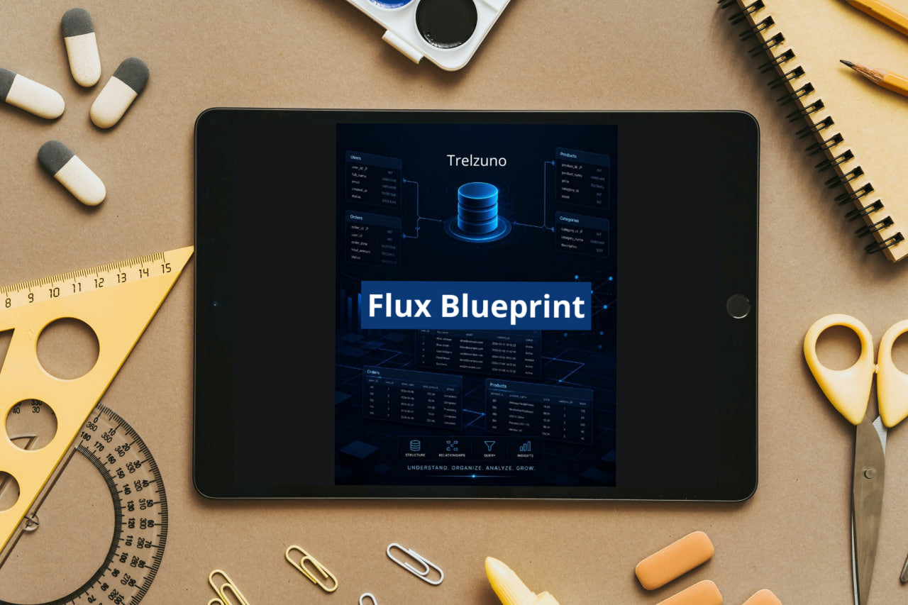 Tablet displaying 'Flux Blueprint' on a desk with stationery items