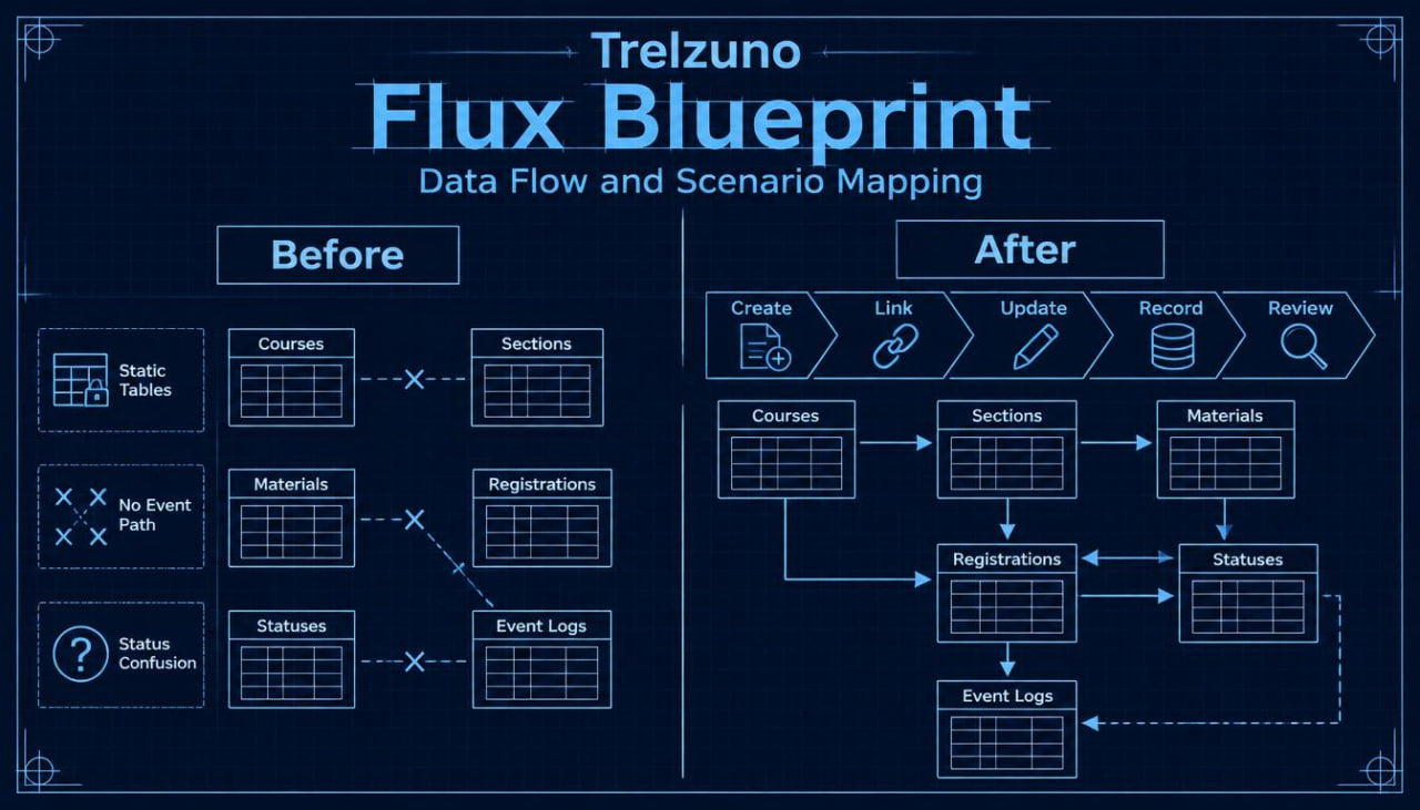 Trelzuno Flux Blueprint diagram showing data flow and scenario mapping before and after.