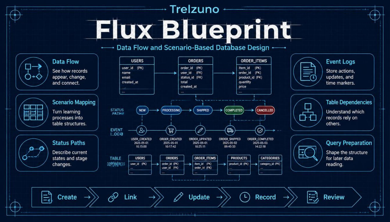 Trelzuno Flux Blueprint diagram on a dark background