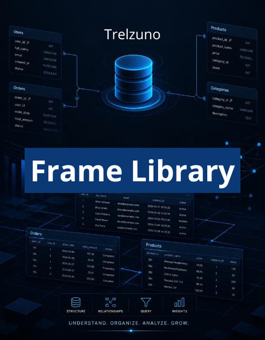 Trelzuno Frame Library with database and data management elements on a dark background