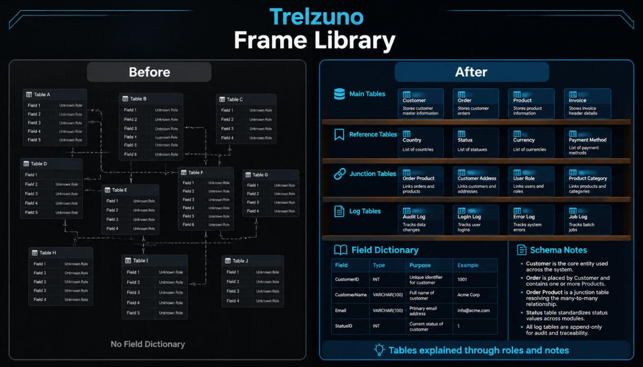 Trelzuno Frame Library comparison showing 'Before' and 'After' states with table structures.