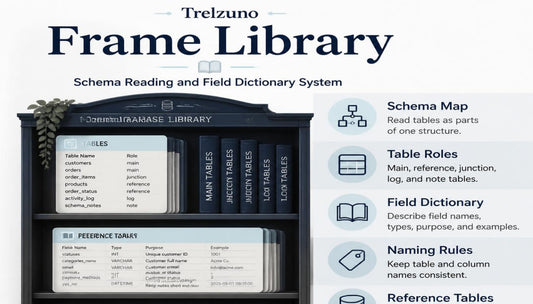 Trelzuno Frame Library with books and a schema map on a white background