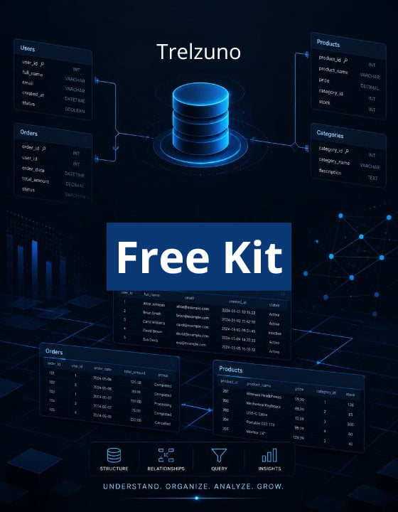 Trelzuno free kit with database and analytics interface on a dark background