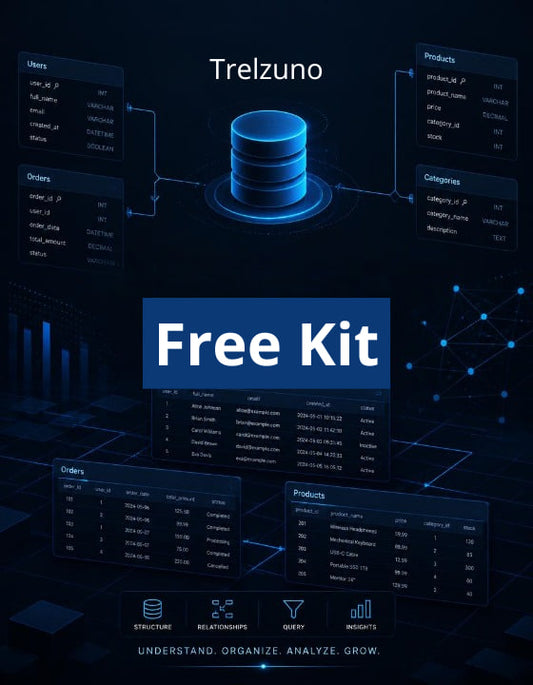 Trelzuno free kit with database and analytics interface on a dark background