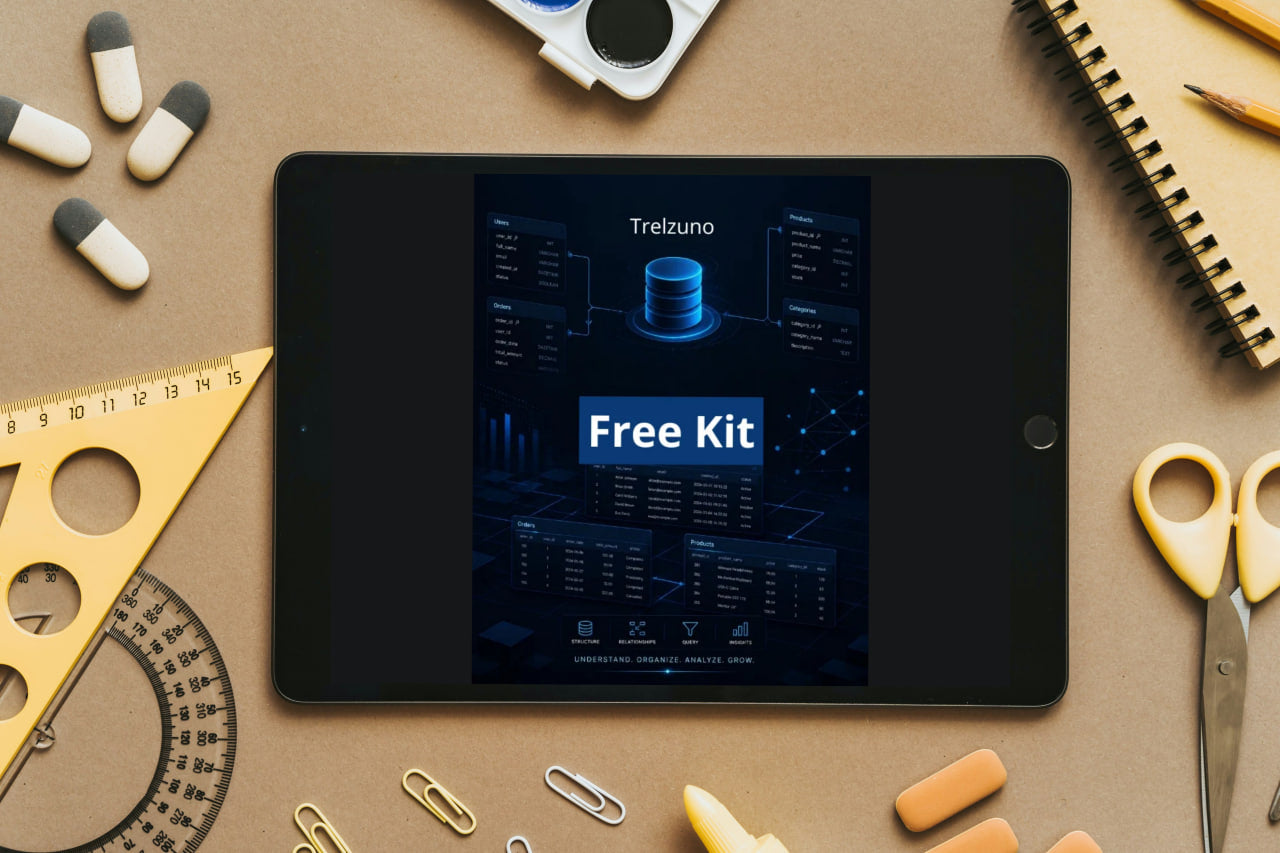 Tablet displaying a 'Free Kit' screen on a desk with stationery items.
