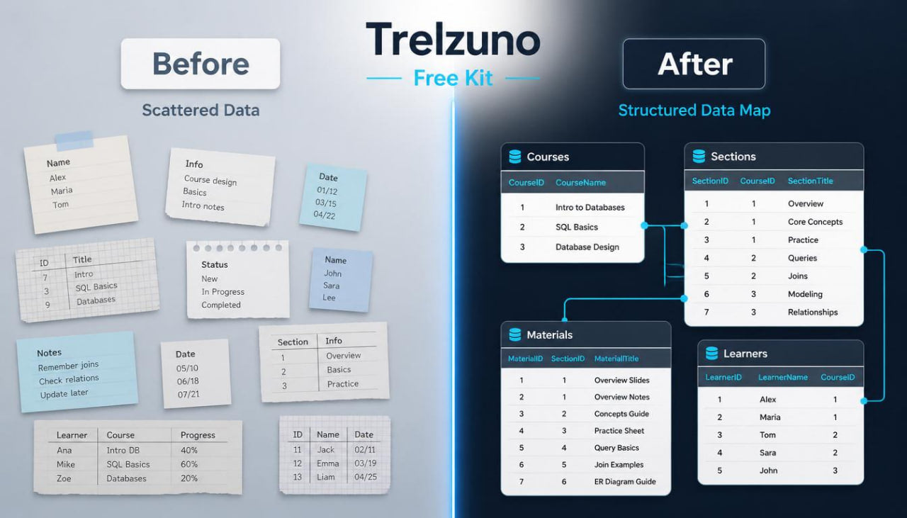 Comparison of scattered data before and structured data map after using Trelzuno Free Kit.