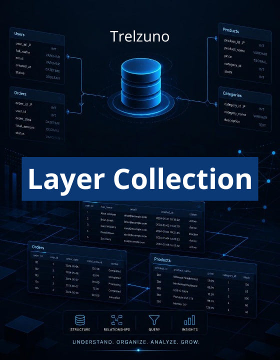 Trelzuno Layer Collection with database and data management interface on a dark background