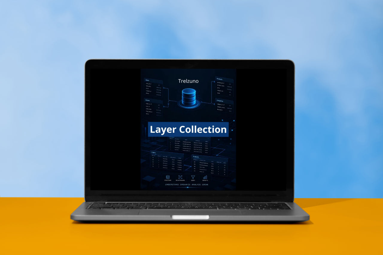 Laptop displaying a software interface with 'Layer Collection' on a blue and orange gradient background