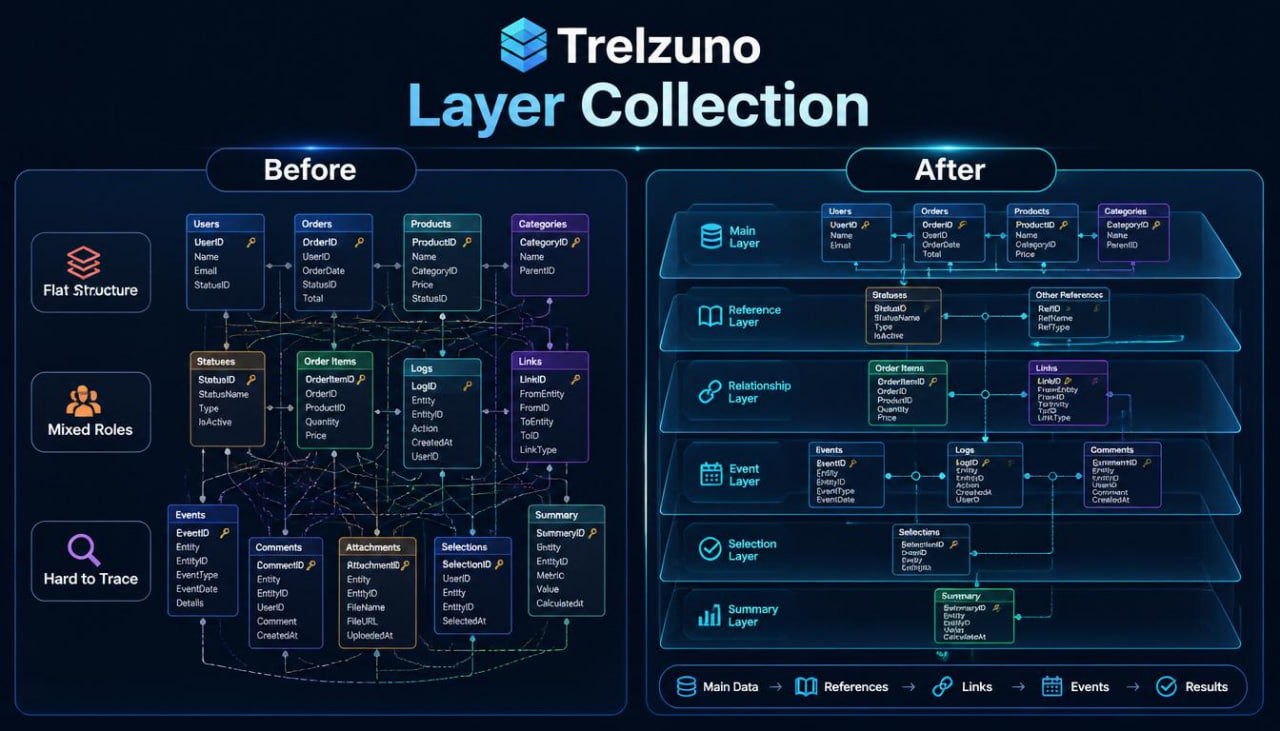 Trelzuno Layer Collection comparison before and after on a dark background