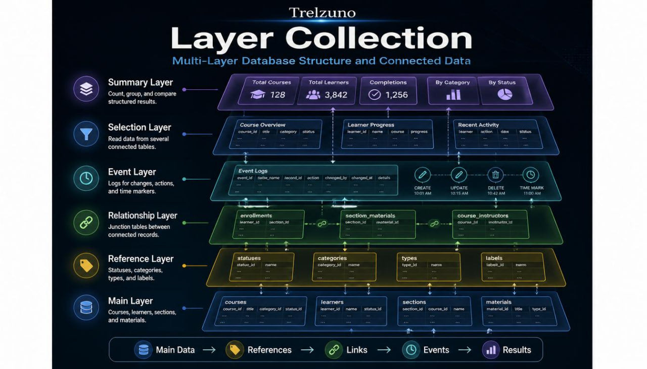 Trelzuno Layer Collection diagram with multi-layer database structure on a dark background