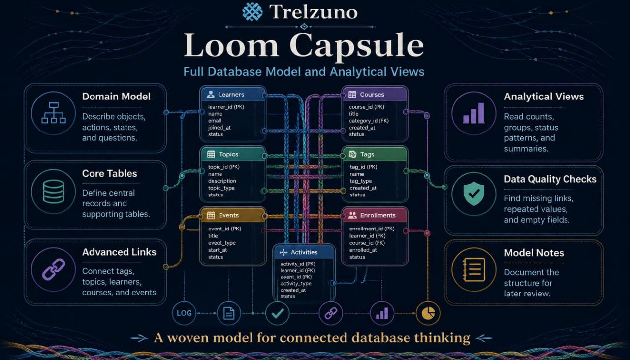Diagram of Trelzuno Loom Capsule with database model and analytical views on a dark background