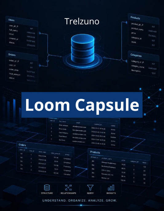 Diagram of a database system with 'Trelzuno Loom Capsule' branding on a dark background.