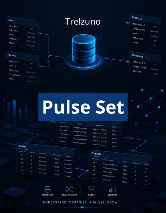Trelzuno Pulse Set software interface with database and data flow diagram on a dark background