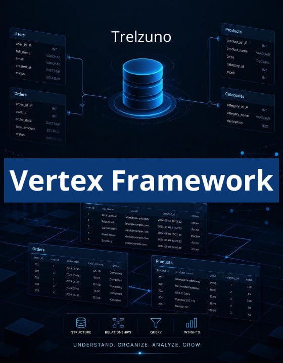 Trelzuno Vertex Framework diagram with database and data flow elements on a dark background