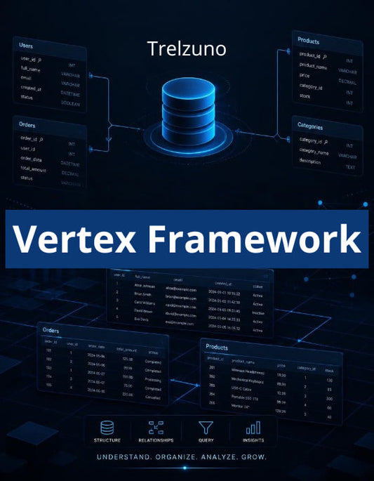 Trelzuno Vertex Framework diagram with database and data flow elements on a dark background