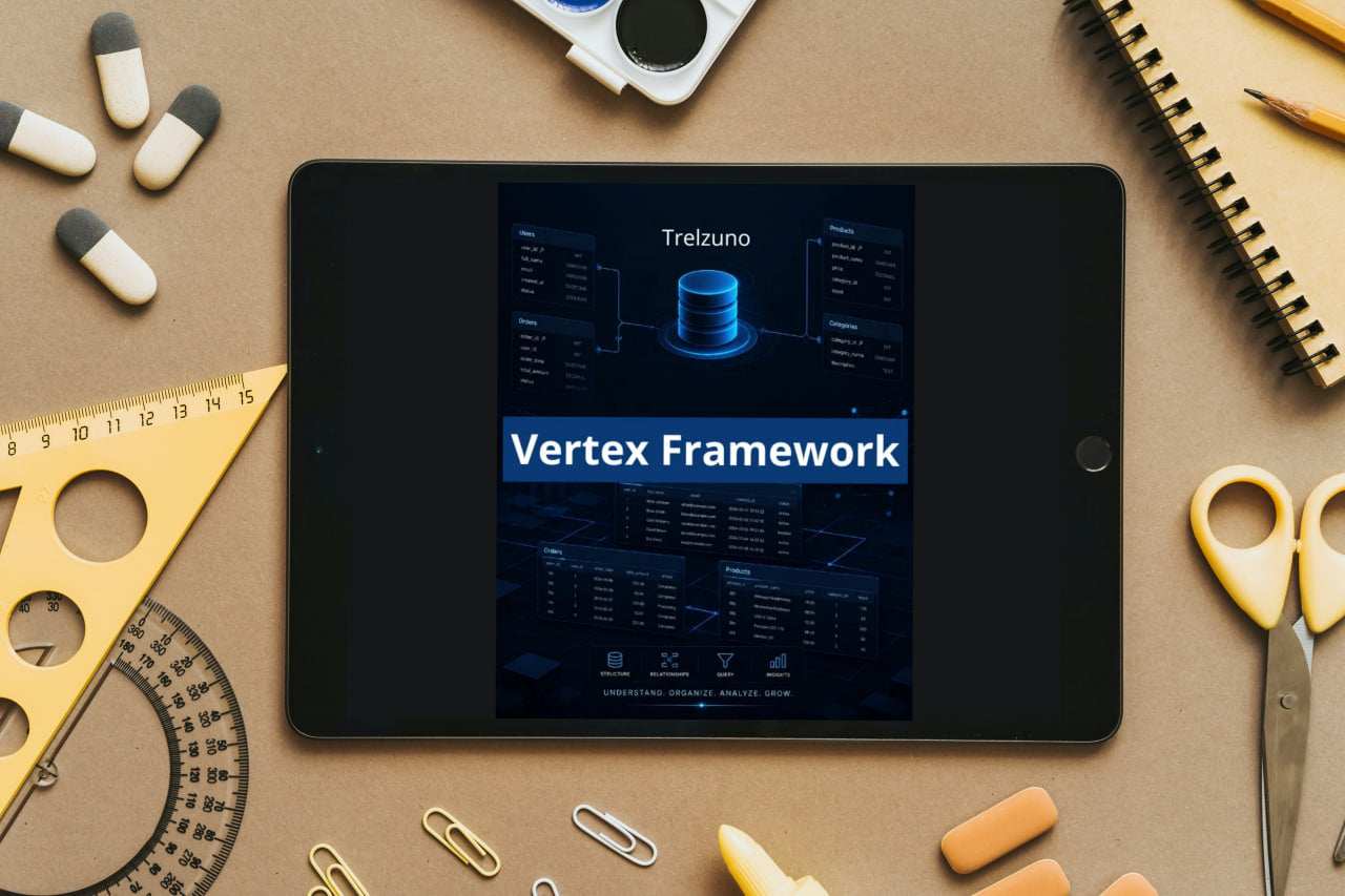 Tablet displaying 'Vertex Framework' on a desk with stationery items
