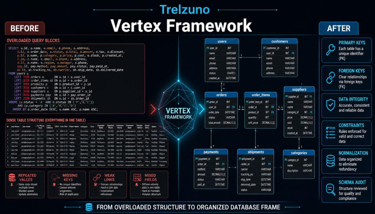 Comparison of Trelzuno Vertex Framework before and after implementation on a dark background.